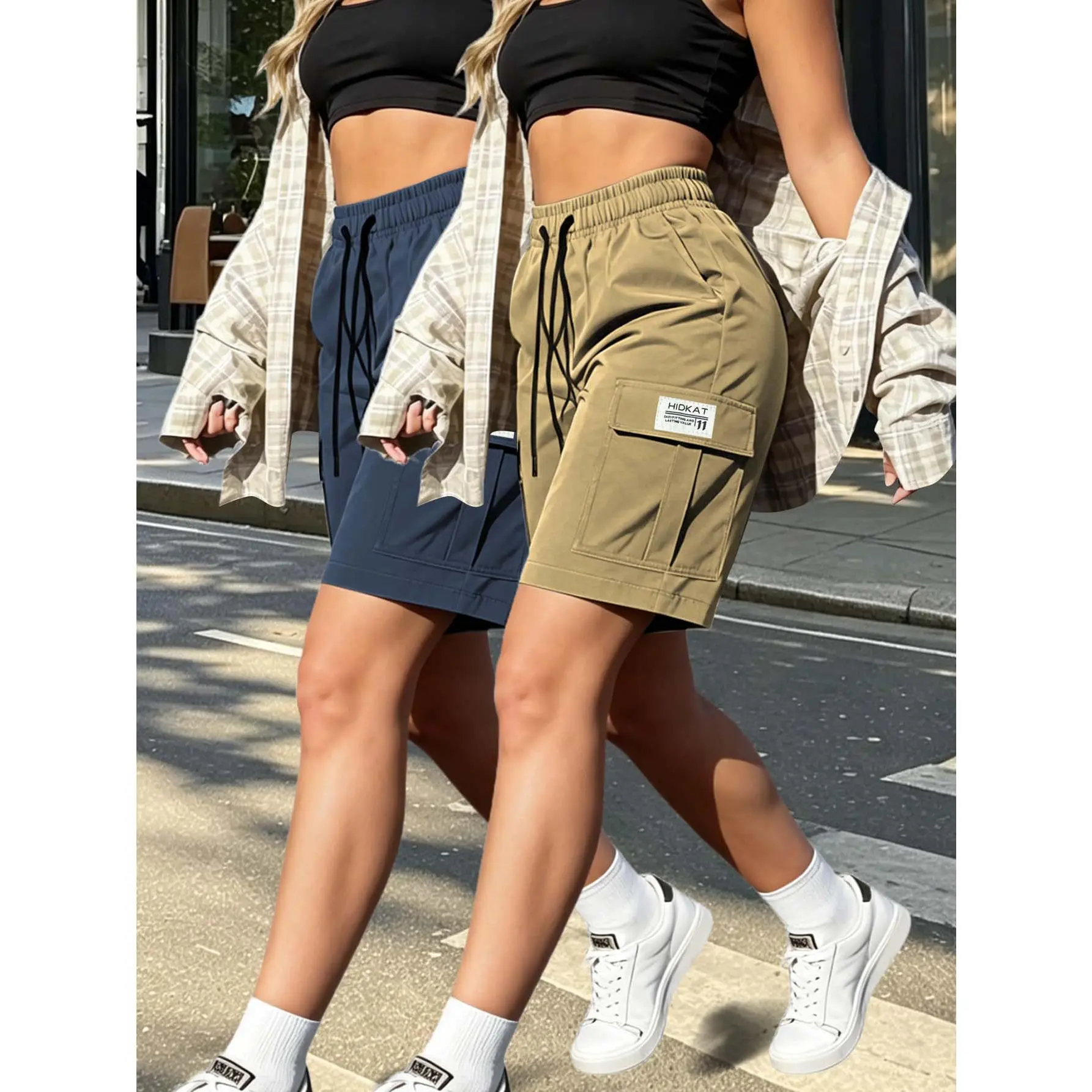 2PCS Women's Lightweight Breathable Knee-Length Cargo Shorts, Elastic Tie Waist Multi Functional Pockets, Summer Daily Street Casual Bottoms