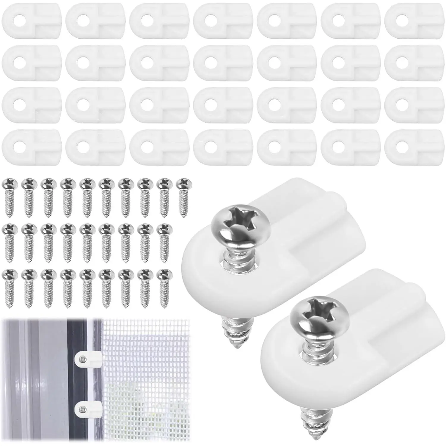 30 Pack Window Screen Clips, L 5766 Flush Window Screen Holder Clips, Storm Window Clips with Screws, for Securing Window Screens and Storm Windows, White