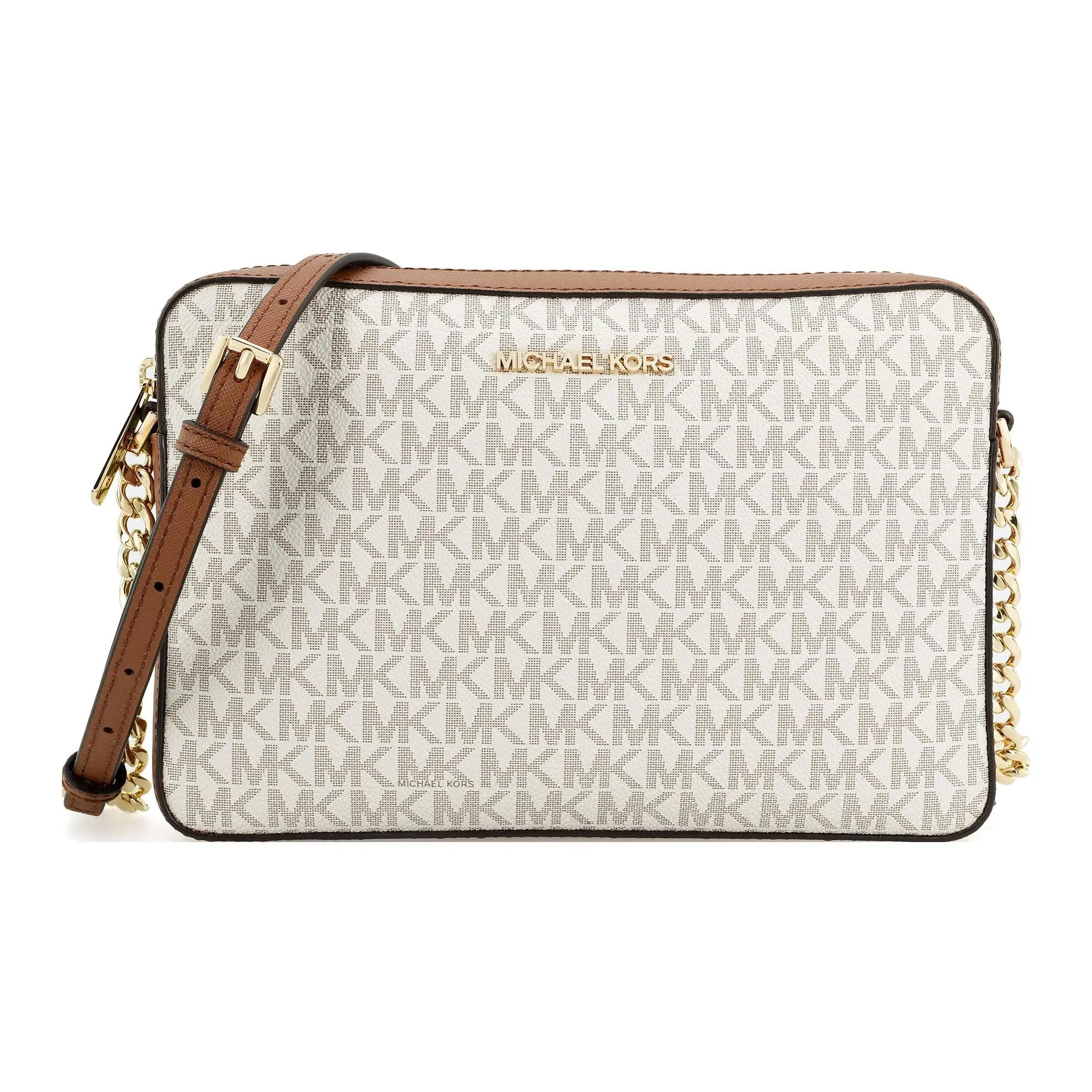 Michael Kors MK Jet Set Long Vintage Monogram Chain Camera Bag for Women, Vanilla and Brown