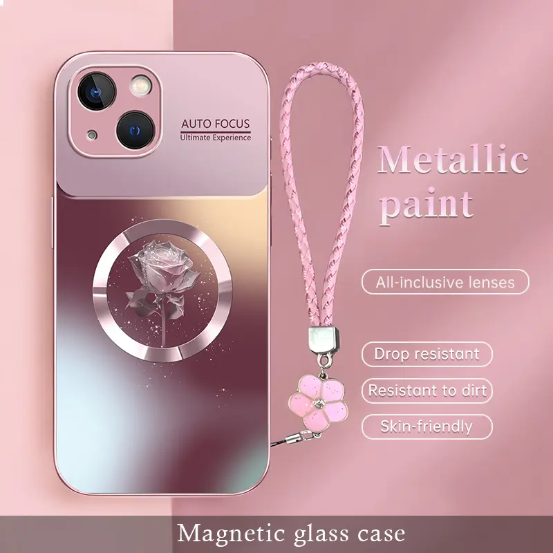 Trendy Aesthetic Magnetic Rose Glass Case Compatible With【iPhone 13】Gradient Color Shockproof Phone Cover with Flower Hand Strap, Stylish Protective Case----9435