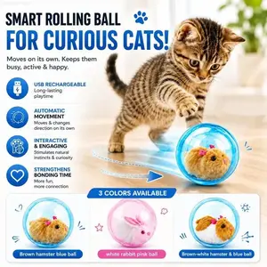 Smart Rolling Ball Cat Toy USB Rechargeable Automatic Interactive Moving Pet Toy With Built In Plush Hamster For Curious Kitten Indoor Cats Play Boredom Relief Cat Essentials Cat Toys