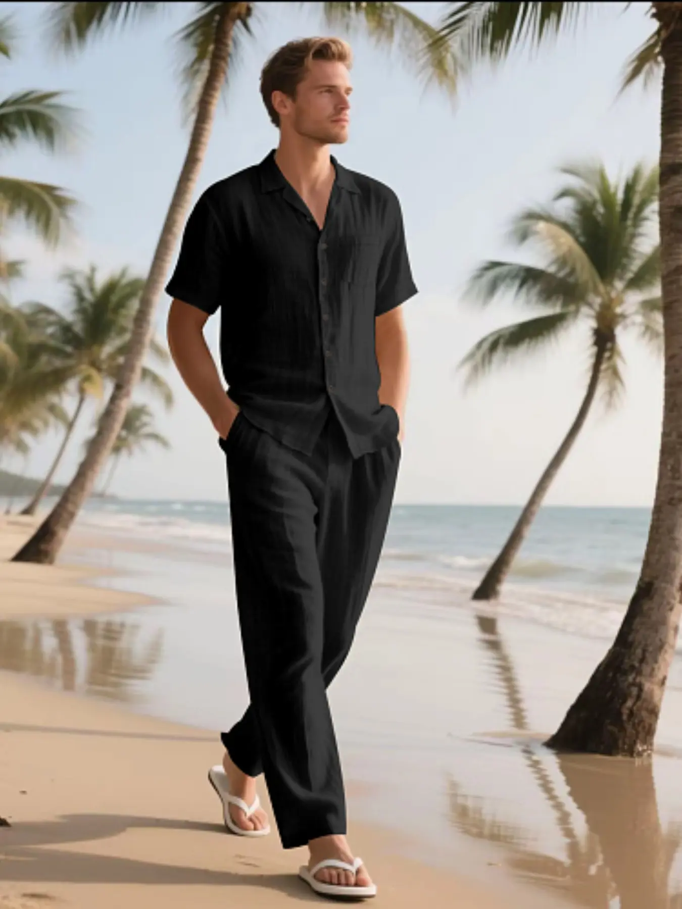 Men's Summer Linen Short Sleeve Shirt Long Pants Set, Lightweight Breathable Solid Two-Piece, Beach Vacation Casual Wear