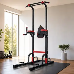 ARCH Foldable Pull Up Bar Dip Station Power Tower, 6-Level Adjustable Height Home Gym Strength Training Equipment, 440lbs Heavy Duty Capacity, Black+Red Q235 Steel Frame, Foam Grips, ABS+Rubber Materials