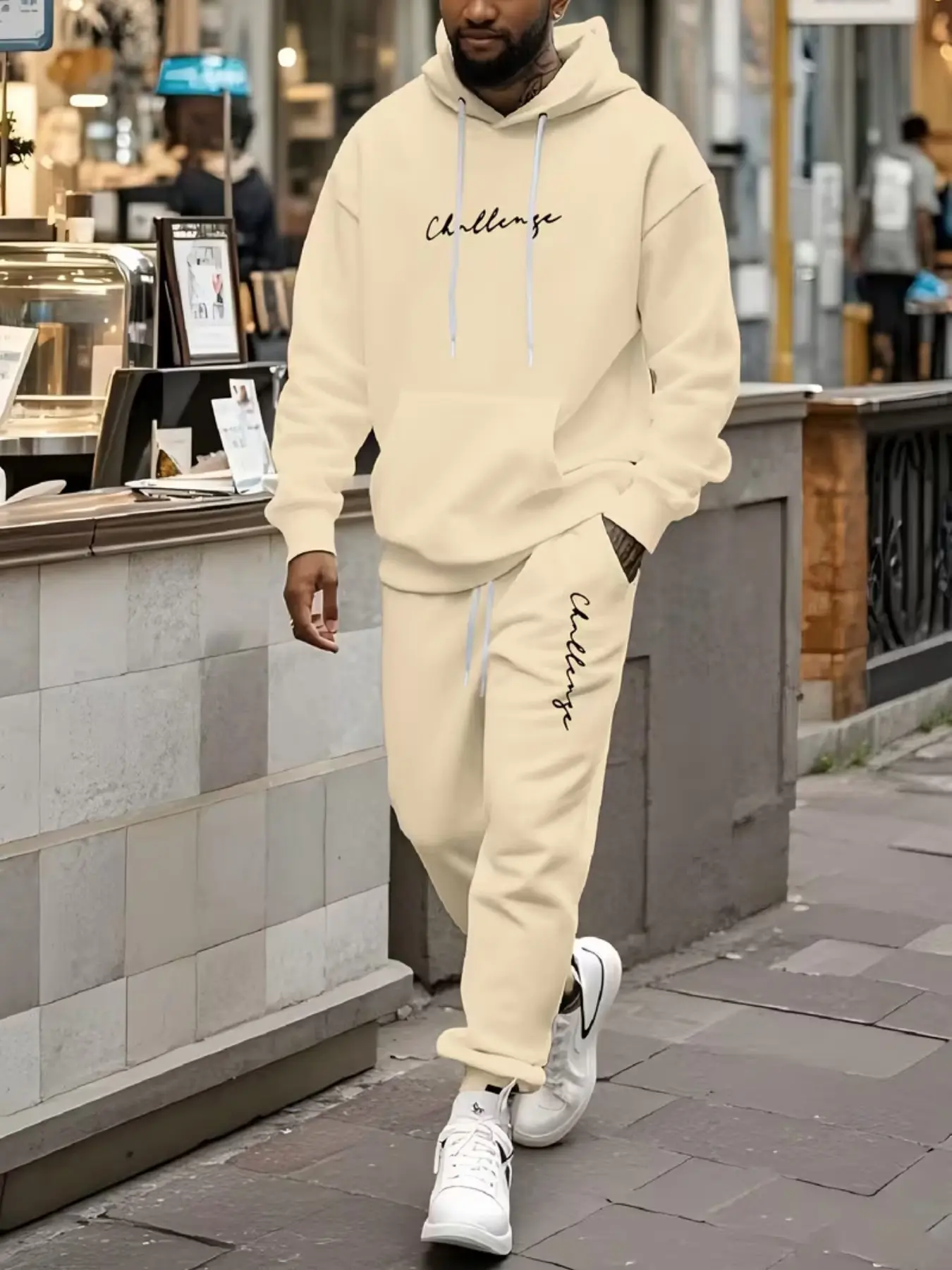 Men's Fall Winter Fashion Hooded Sweatshirt Set, Challenge Print, Long Sleeve Pullover Hoodie, Ankle Pants, Casual Slim Fit