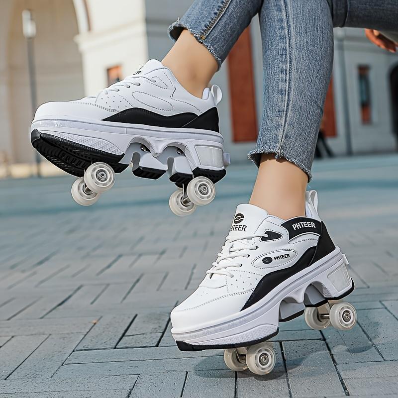 PHTEER 4-Wheel Roller Skates - Stylish Black & White, Lace-Up Design with Four-Wheel Support for Beginners, All-Season Use, Casual & Sports Skating Shoes, Casual Skating Shoes|Stylish Roller Skates|Laceup Skates