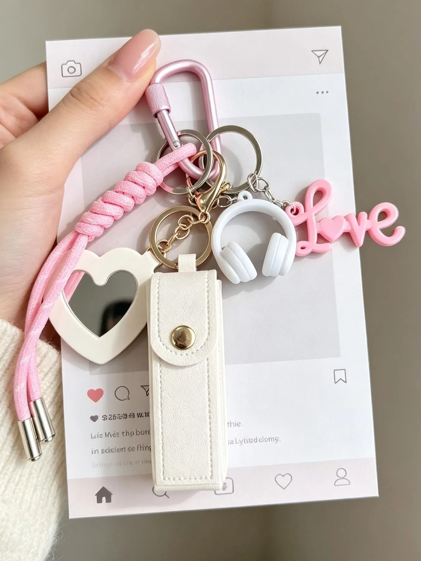 Coquette Preppy Aesthetic Bag Charm Keychain, PU Leather Lipstick Holder with Heart Mirror, Lockable Carabiner, Backpack & Tumbler Accessory, Cute Birthday Gift for Teen Girls
