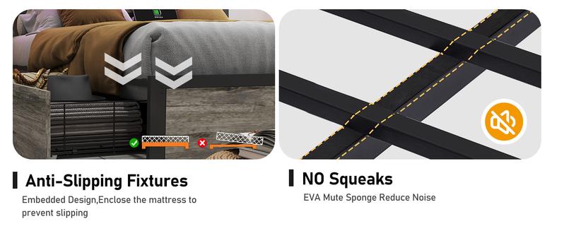 Queen Size Bed Frame with 4 Storage Drawers and Headboard with Charging Station and LED Lights,2 Tier Solid Wood Headboard Storage/Noise Free/No Box Spring Needed/Remote Control/Rustic Grey