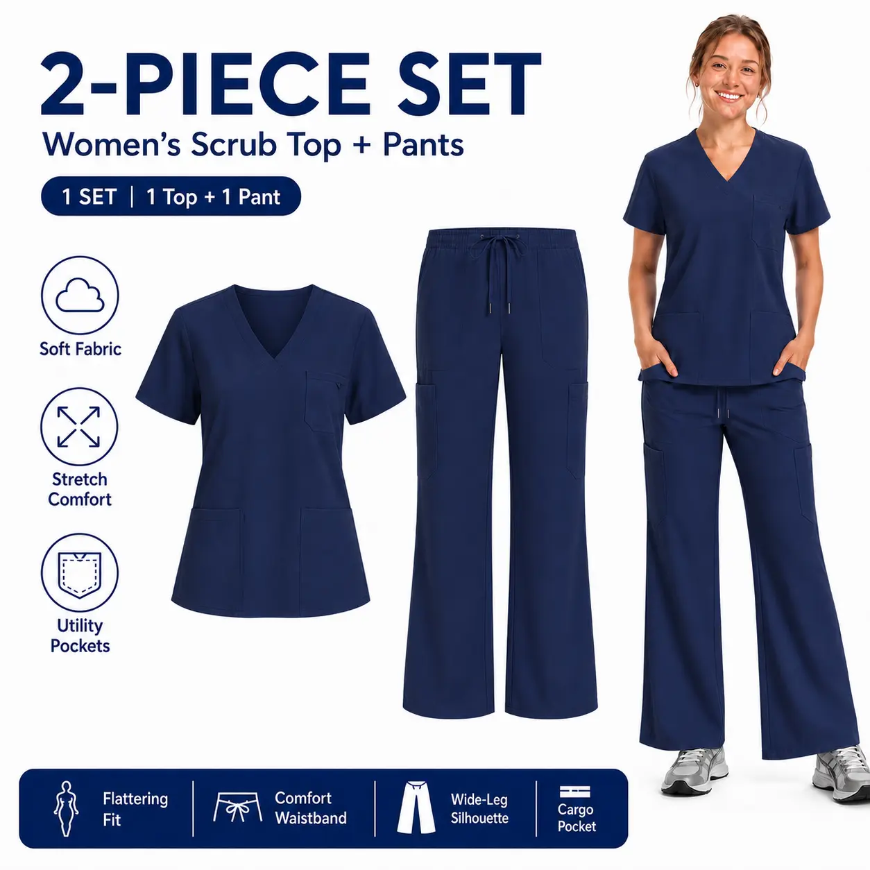 Women’s 2-Piece Navy Scrub Uniform Clothes - Soft Stretchy Smooth V-Neck Top, Drawstring Wide Leg Cargo Pants - Minimalist Fabric, Perfect Fits for Nurses & Clinic Staff Daily Workwear