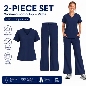 Women’s 2-Piece Navy Scrub Uniform Clothes - Soft Stretchy Smooth V-Neck Top, Drawstring Wide Leg Cargo Pants - Minimalist Fabric, Perfect Fits for Nurses & Clinic Staff Daily Workwear