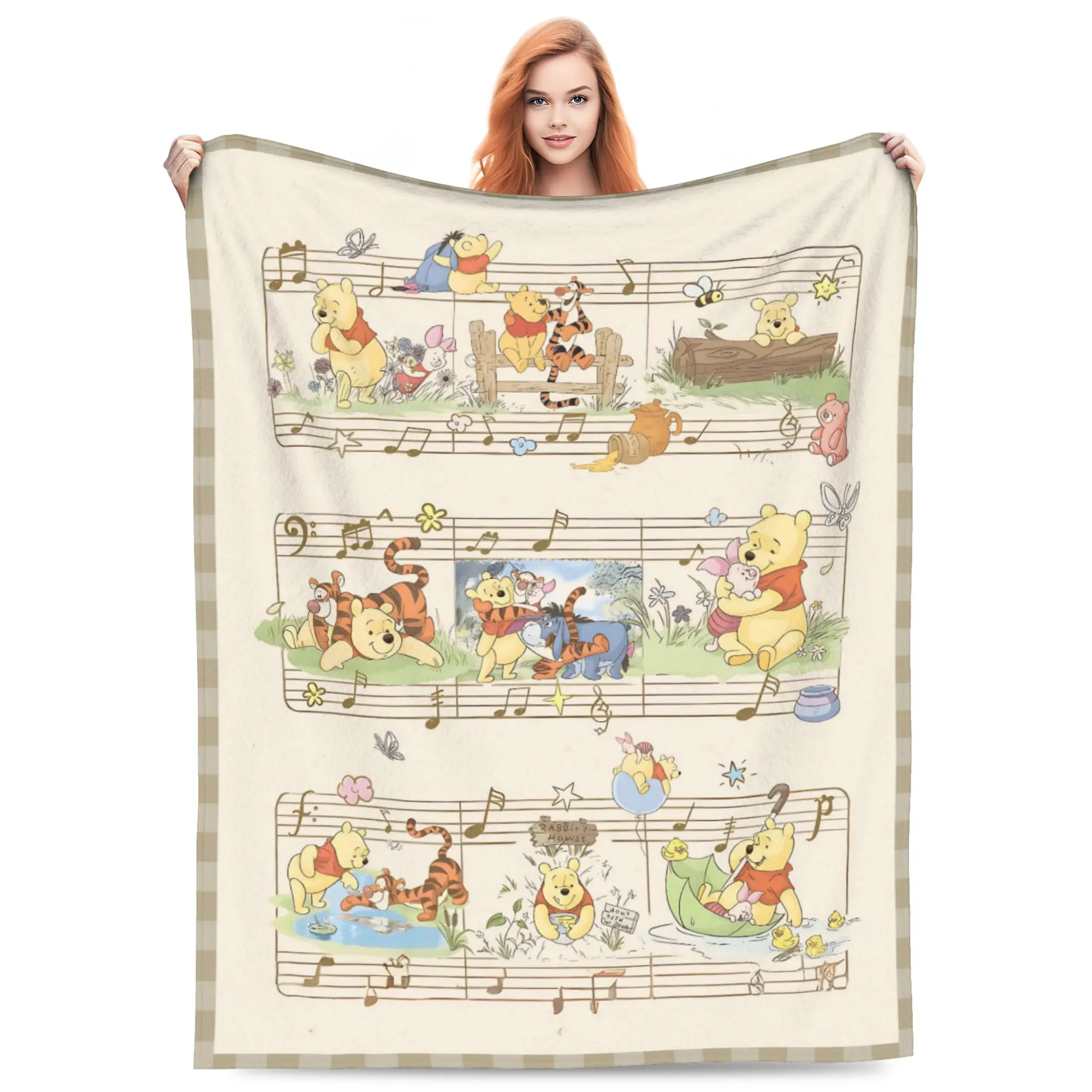 DISNEY CLASSIC Winnie the Pooh Music Sheet Throw Blanket, Pooh Tigger Piglet Eeyore Classic Scenes Musical Notes Gingham Border Print, Soft Flannel Lightweight Cozy Blanket for Sofa Bed Home Decor