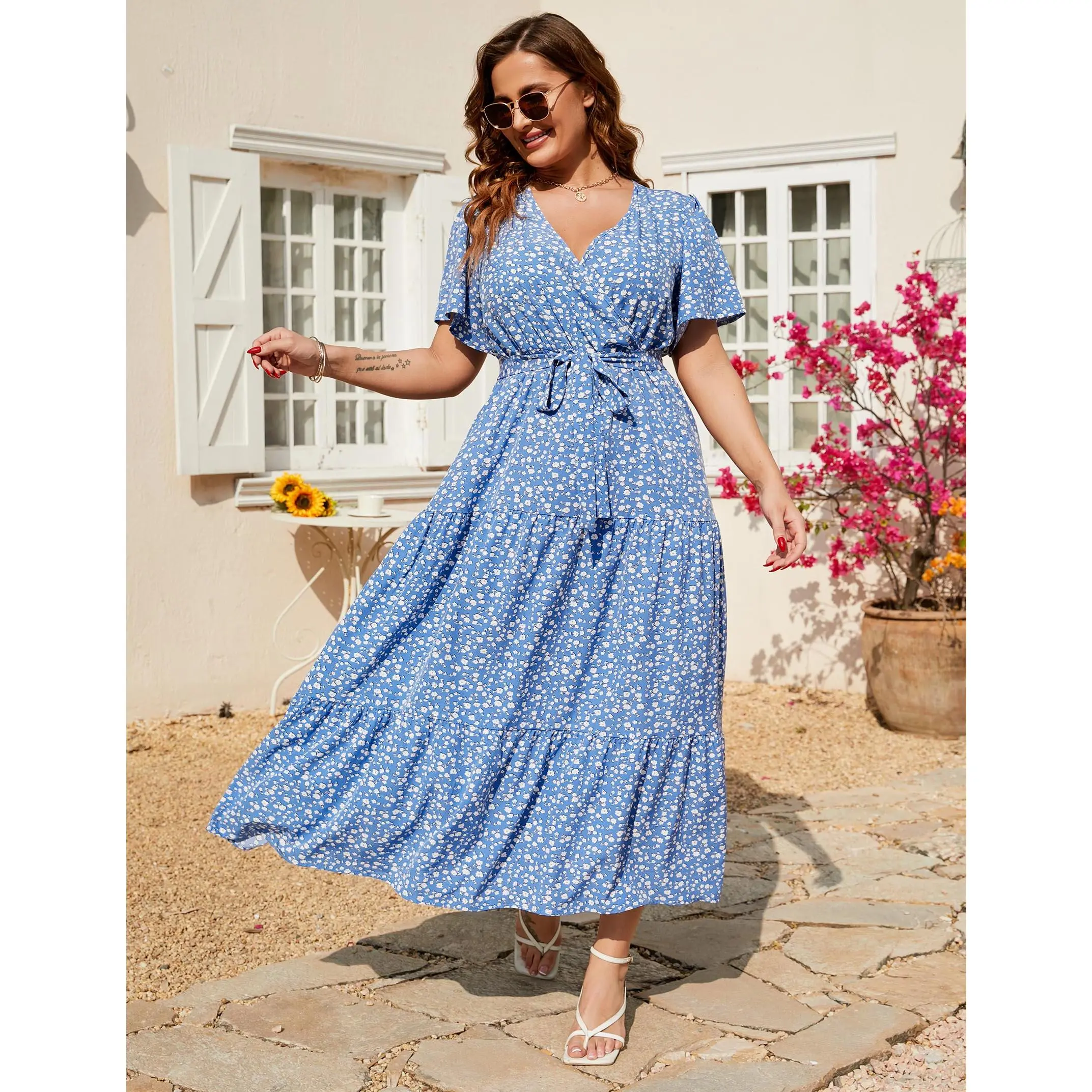 YF Plus Size Women Wrap V Neck Maxi Dress, Short Flutter Sleeve Self Tie Tiered Floral Sundress, 100% Polyester Four-Way Stretch Curvy Long Dress, Casual Beach Vacation Outfit Gift for Her Multi Floral Prints L-5XL clothing