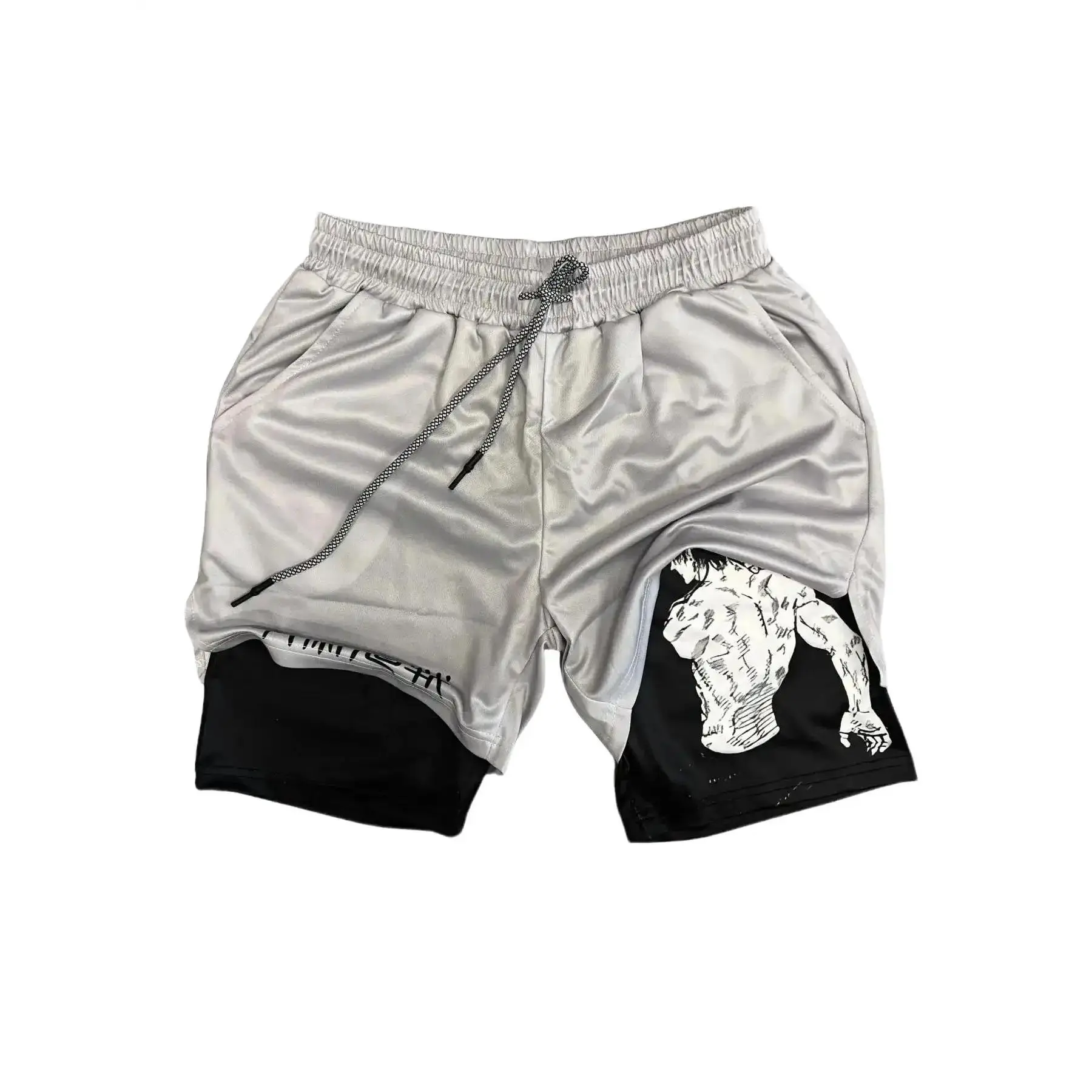 Jujutsu Kaisen 2-in-1 Athletic Shorts Black Unisex Sports Double-Layered Inner Shorts Drawstring Design Men Women Basketball Shorts Pocket