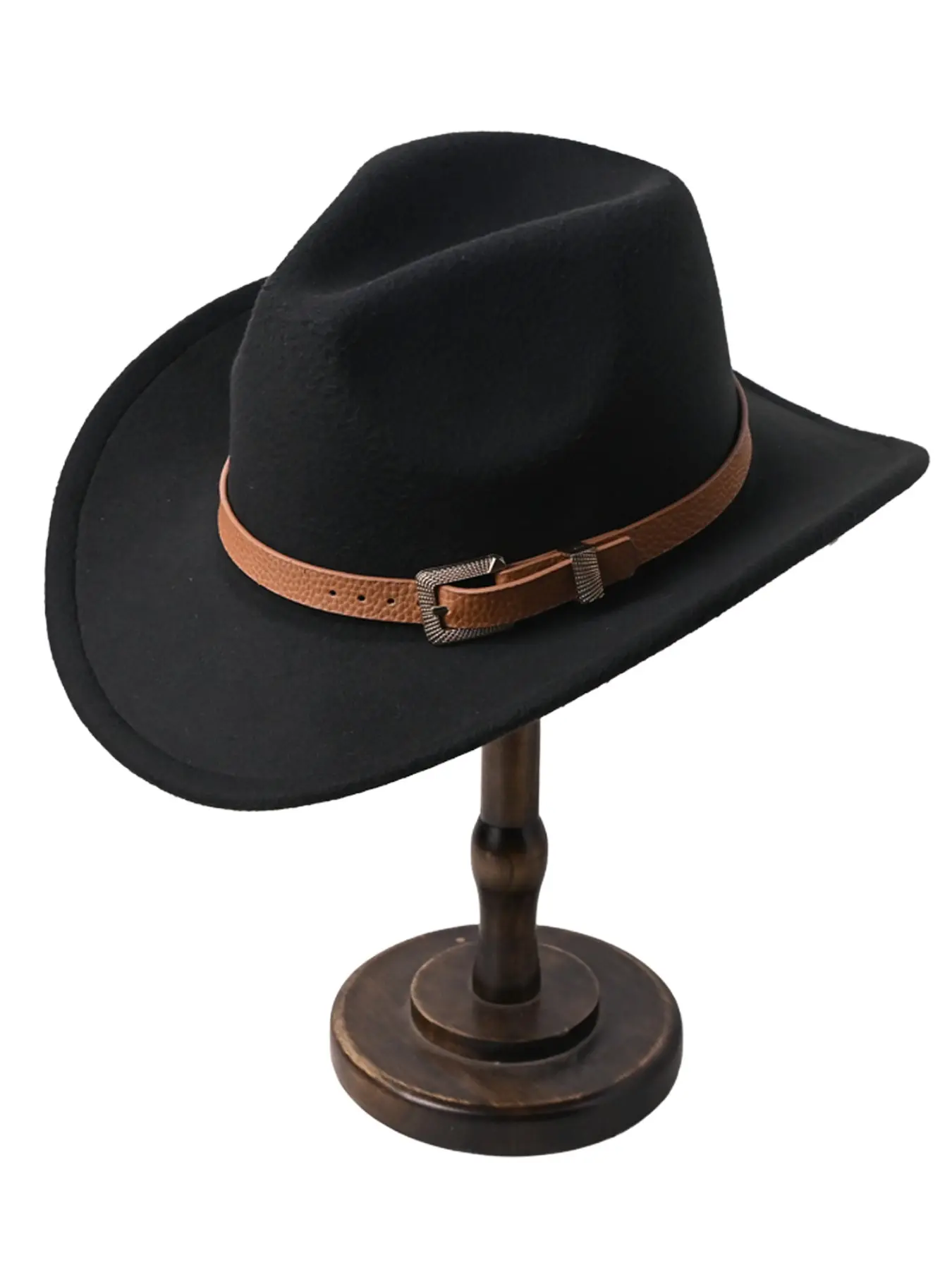 Unisex Western Cowboy Sunhat, Soft Felt Material, Wide Brim Rolled Edge, Light Imitation Leather Band, Vintage Floral Metal Buckle, Cowboy Style Hat