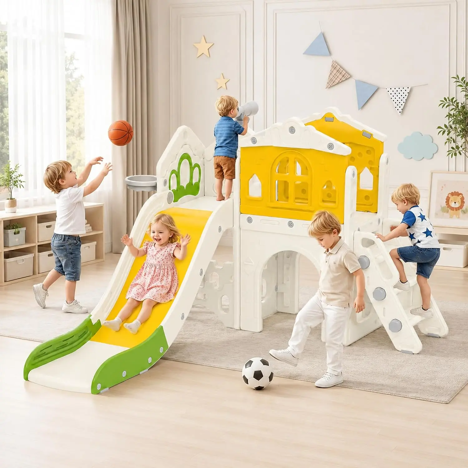 wanan 8 in 1 Toddler Slide Indoor, Kids Indoor Slide for Toddlers 1-3 Years Old, Toddler Indoor Playground with Basketball and Soccer, Basketball Hoop and Storage, Toddler Outdoor Indoor Playset