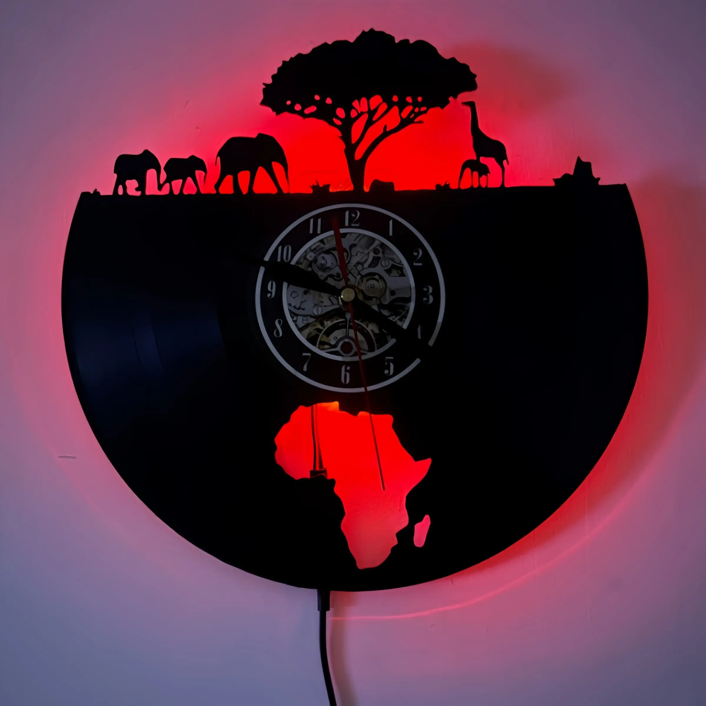 Grassland Theme Vinyl Record LED Night Light Wall Clock, LED Wall Clocks, Elephant Herd, Giraffe Family, Sunset Scene, Natural Wildlife Decor