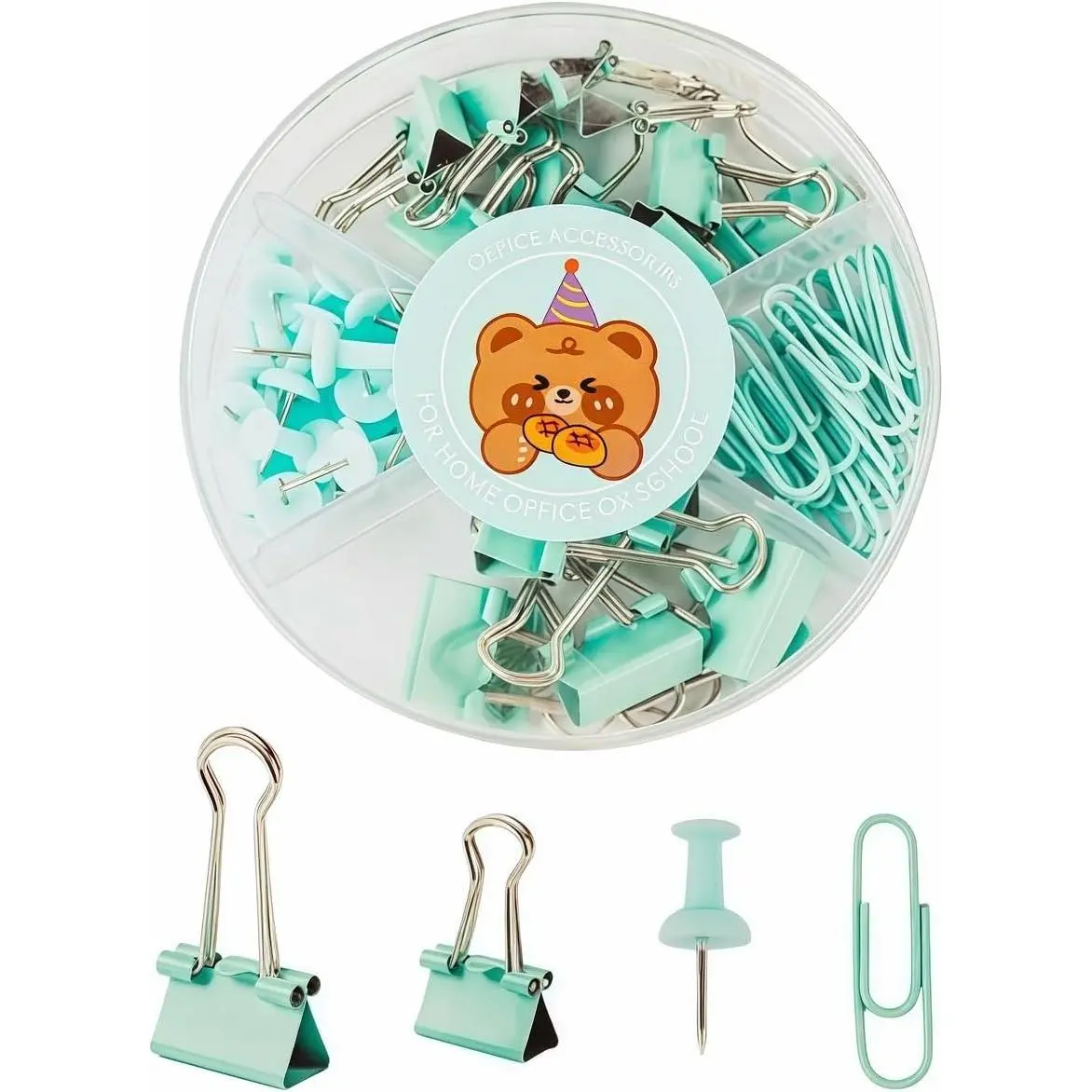 45 count Metal Binder Clips Set with Pushpins,Cute Green Desk Supplies Multi-Size Binder Clips,Glossy Tacks, and  Paper Clips.Portable case for School/Office. Green Desk Accessory