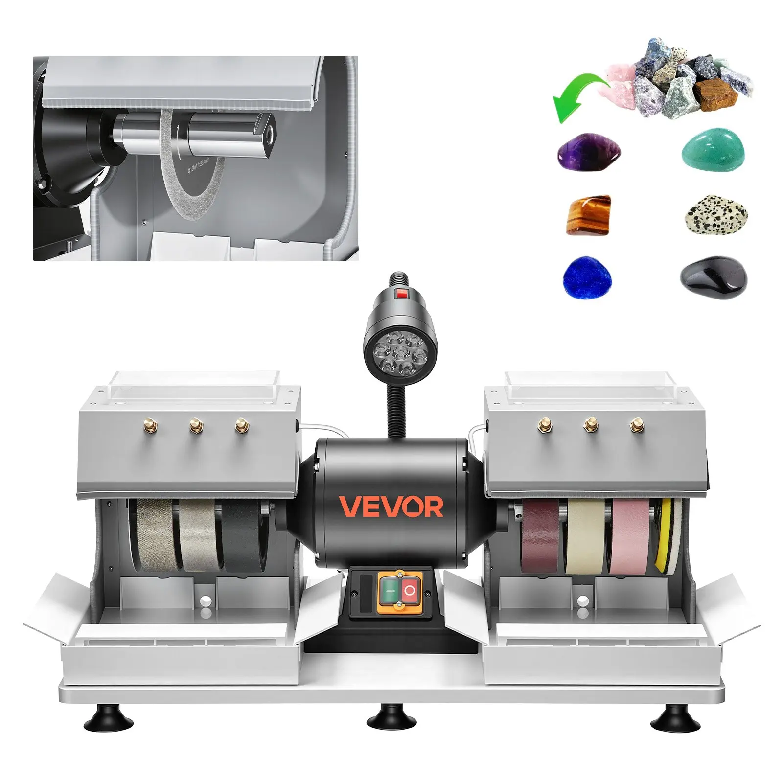 VEVOR Cabbing Machine, 6" 2/5 HP 1800 RPM Efficient, Lapidary Rock Grinder Polisher With Diamond and Resin Wheels, LED Lamp, Water System, Lapidary Equipment for Gemstone Grinding, Stone Polishing