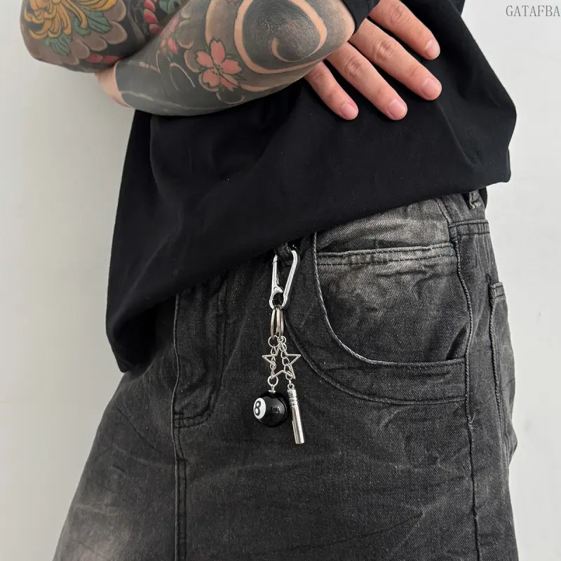 Hip Hop Five Point Star 8 Ball Billiard Keychain With Whistle Stylish Backpack Charm For Men