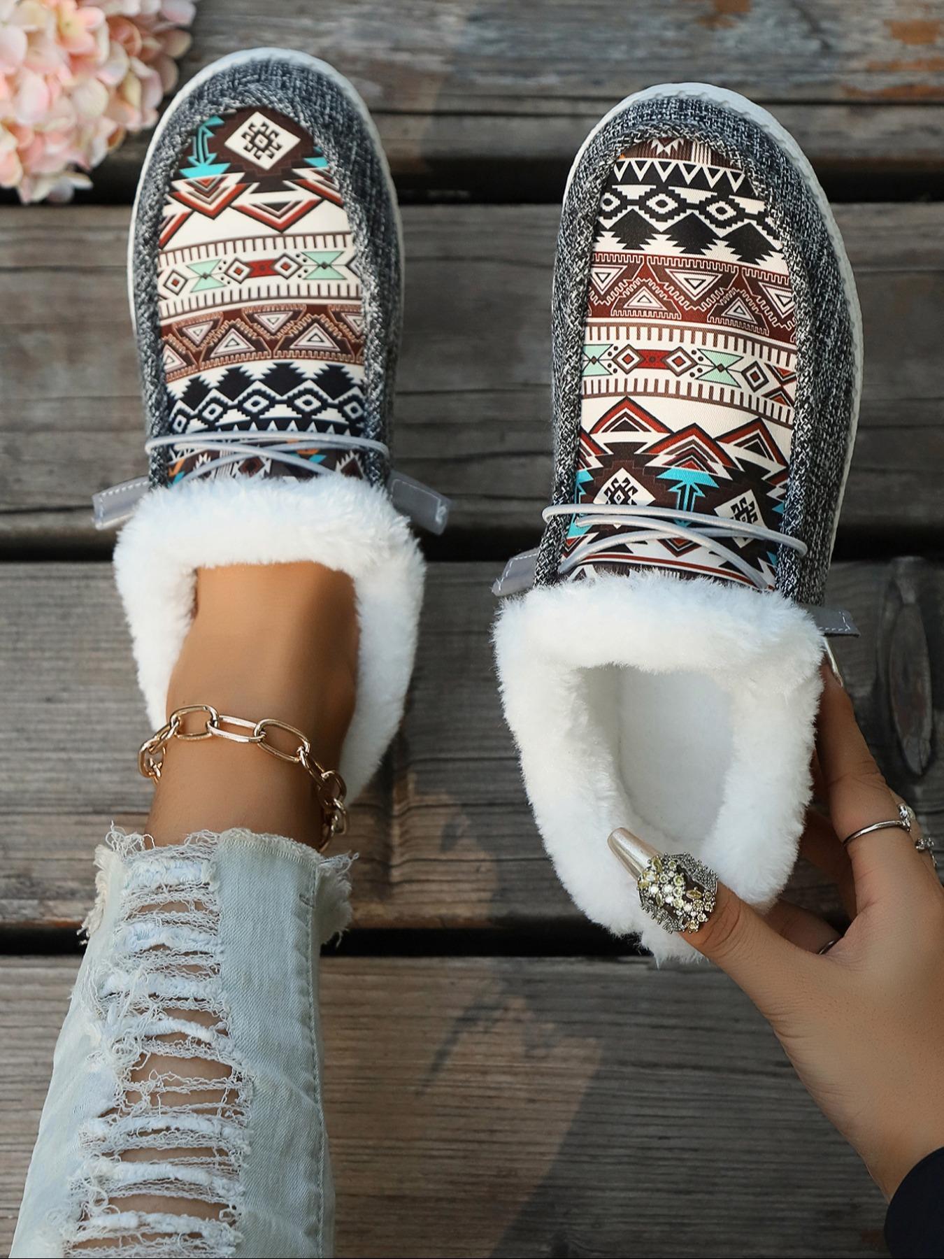 Women's Lace Up Low Top Colorblock Ethnic Pattern Sneakers, Casual Warm Sports Shoes for Winter, Female All-match Round Toe Shoes for Daily Wear