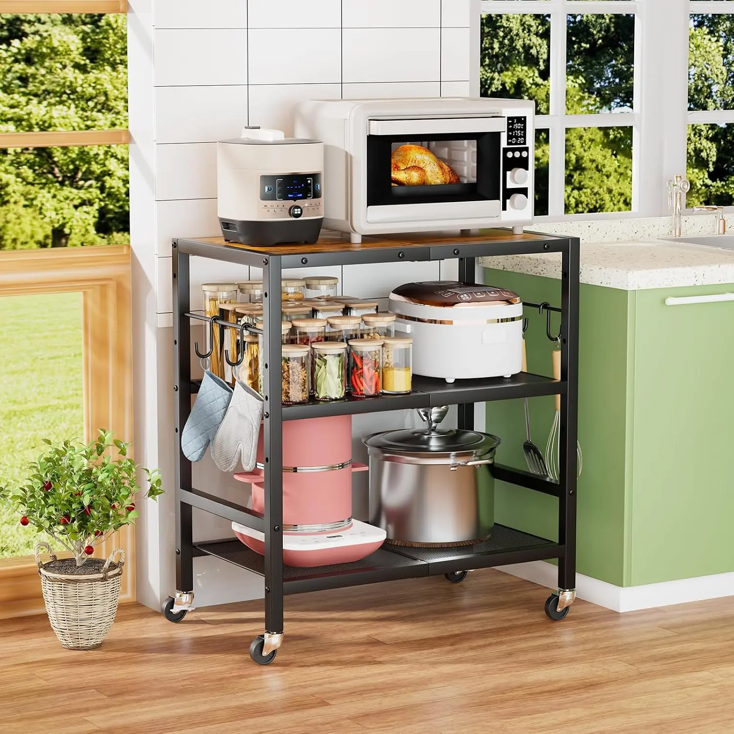 Rolling Kitchen Microwave Cart, 3 Tier Microwave Stand with Wheels, Bathroom Organizers and Storage Shelf, Serving Cart,  Rack, Coffee Bar Table Station for Kitchen, Office, Brown
