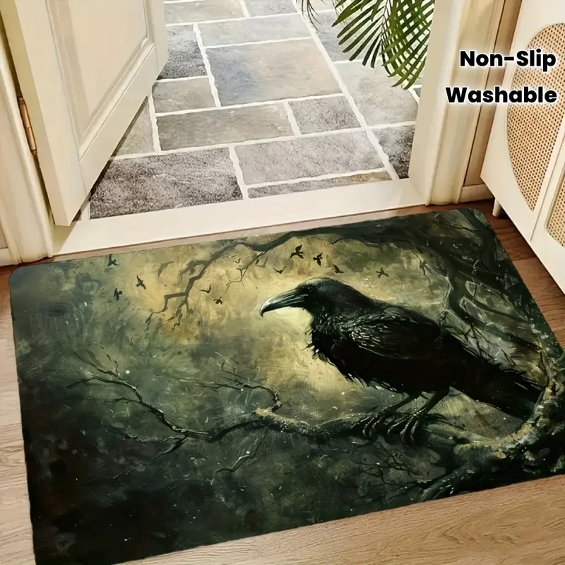 Vintage Oil Painting Raven Crow Forest Bath Mat Anti Water Absorbent Washable Rug For Entrance Hall Bathroom Dark Gothic Wiccan Halloween Home Decoration