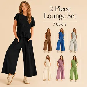 Women’s 2 Piece Lounge Set, Smocked Short Sleeve Peplum Top and Wide Leg Pants, High Waist Drawstring Matching Outfit with Pockets, Casual Boho Summer Travel Set