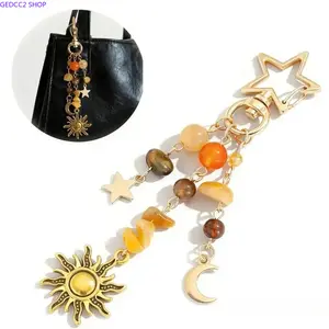Sun Moon Themed Keychain with Colorful Star Beads & Gemstone Charms, Y2K Boho Hippie Bag Charm for Women, Handbag Backpack Decor Accessory, Perfect Christmas Gift