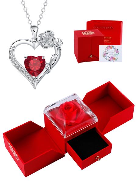 Rose Flower Heart Pendant Necklace With Rose Jewelry Gift Box, Exquisite Jewelry Gift, Anniversary Valentines Day Necklace Gift for Wife Girlfriend, Birthday Gifts for Mom Daughter