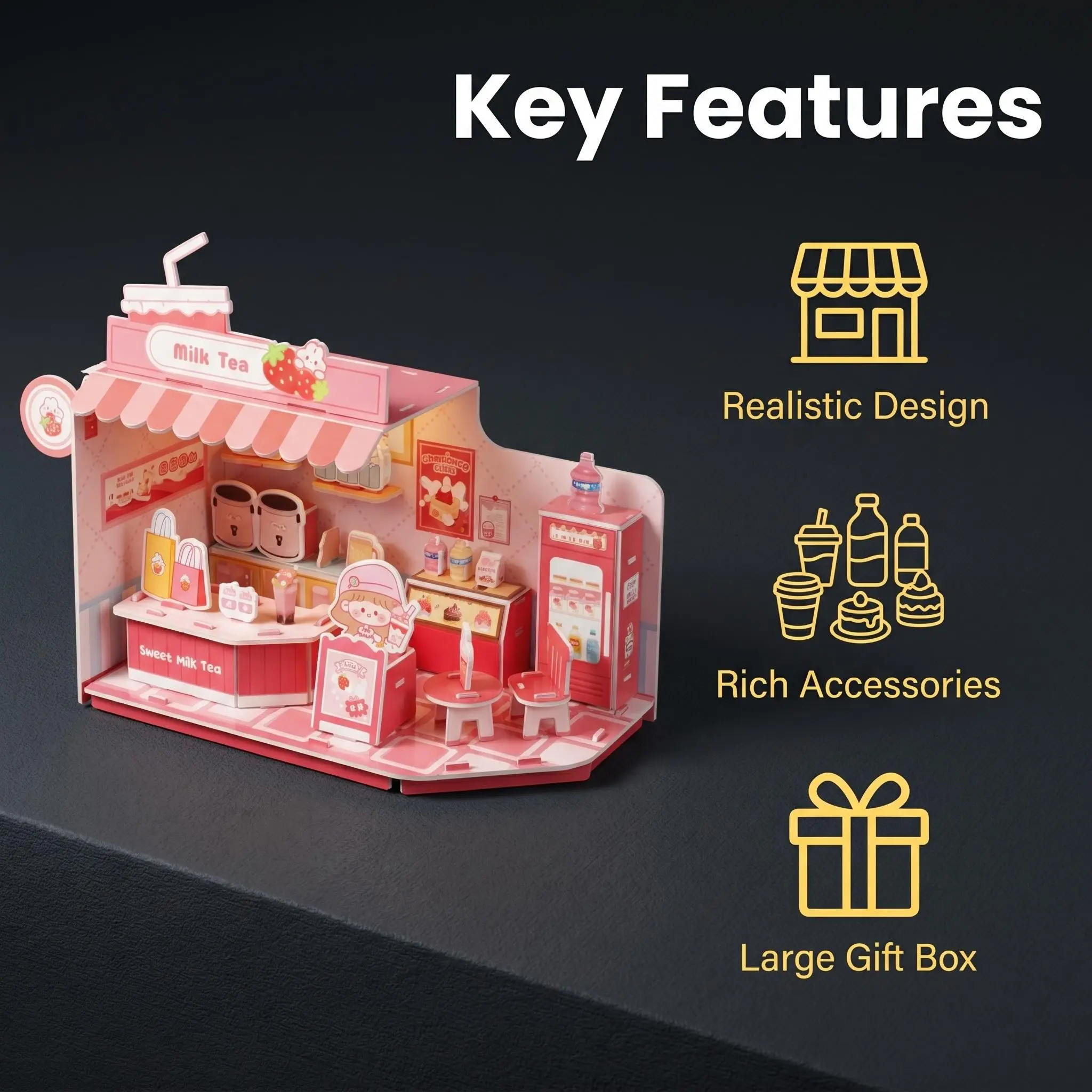 DIY 3D Paper Tea Shop Mini Dollhouse Puzzle Toy, Cute Strawberry Drink Store Role Play Game, Educational Craft Kit, Birthday Gift for Kids Aged 8+