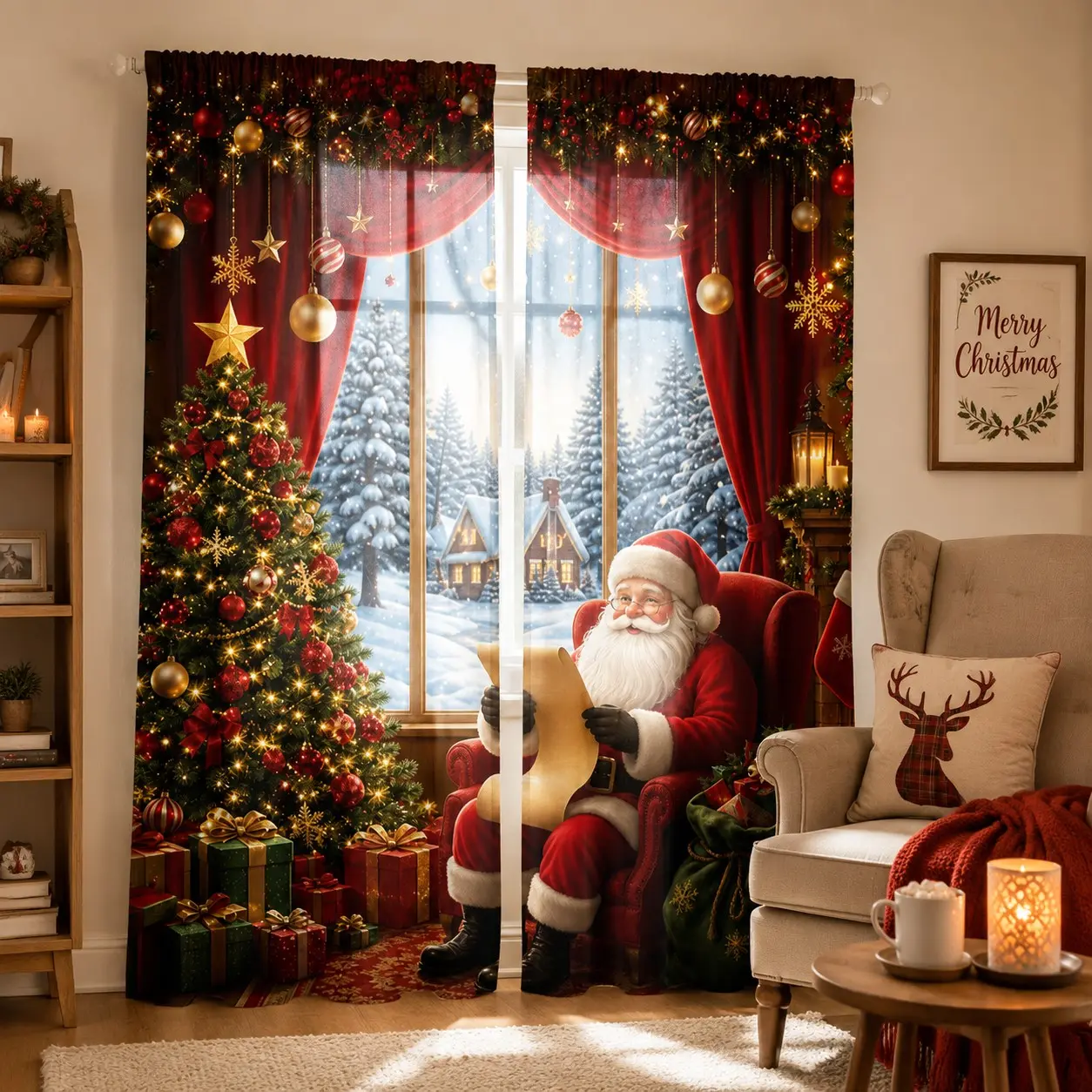 2-piece cozy vintage Santa Claus Christmas print semi-transparent curtains, easy to clean, suitable for living room, bedroom, home decoration, and Christmas party decoration