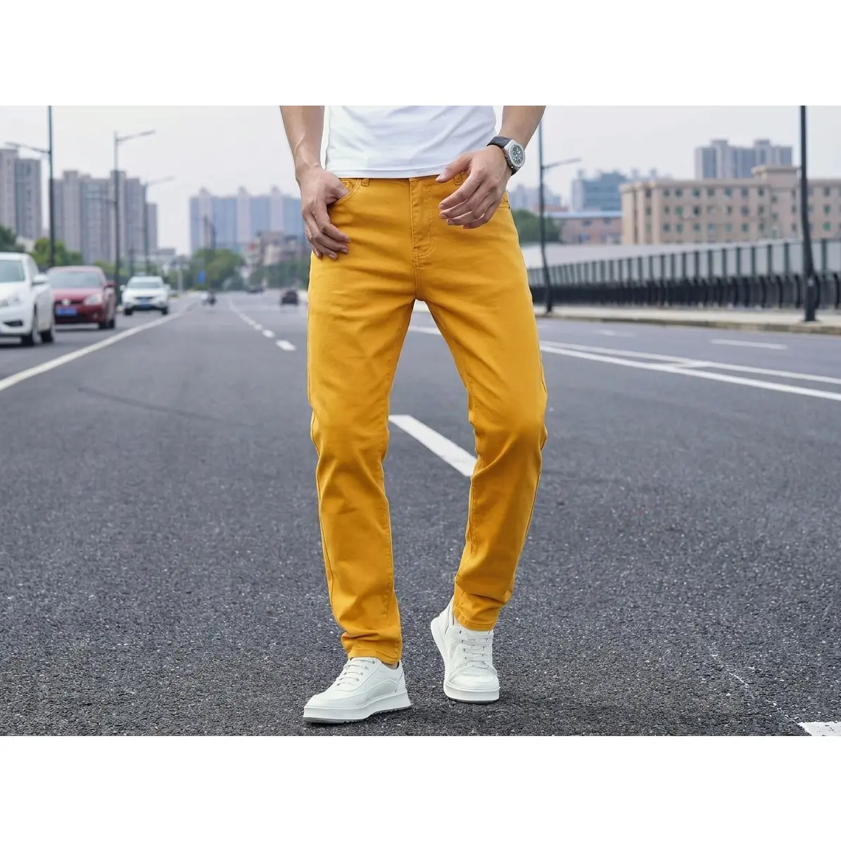 Men's Mustard Yellow Classic Soft Minimalist Plain Cotton Mid-Rise Wide Leg Denim Jeans - Thick-Drape Breathable Retro Pockets Trousers, Menswear Streetwear for Casual Daily, Pair with Polo Shirts & Shoes