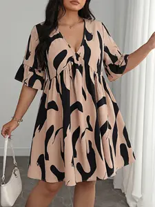 Plus Size Elegant Geometric Print Midi Dress, V Neck, a Line, Short Sleeve, Loose Fit, Comfortable, Casual & Party Wear