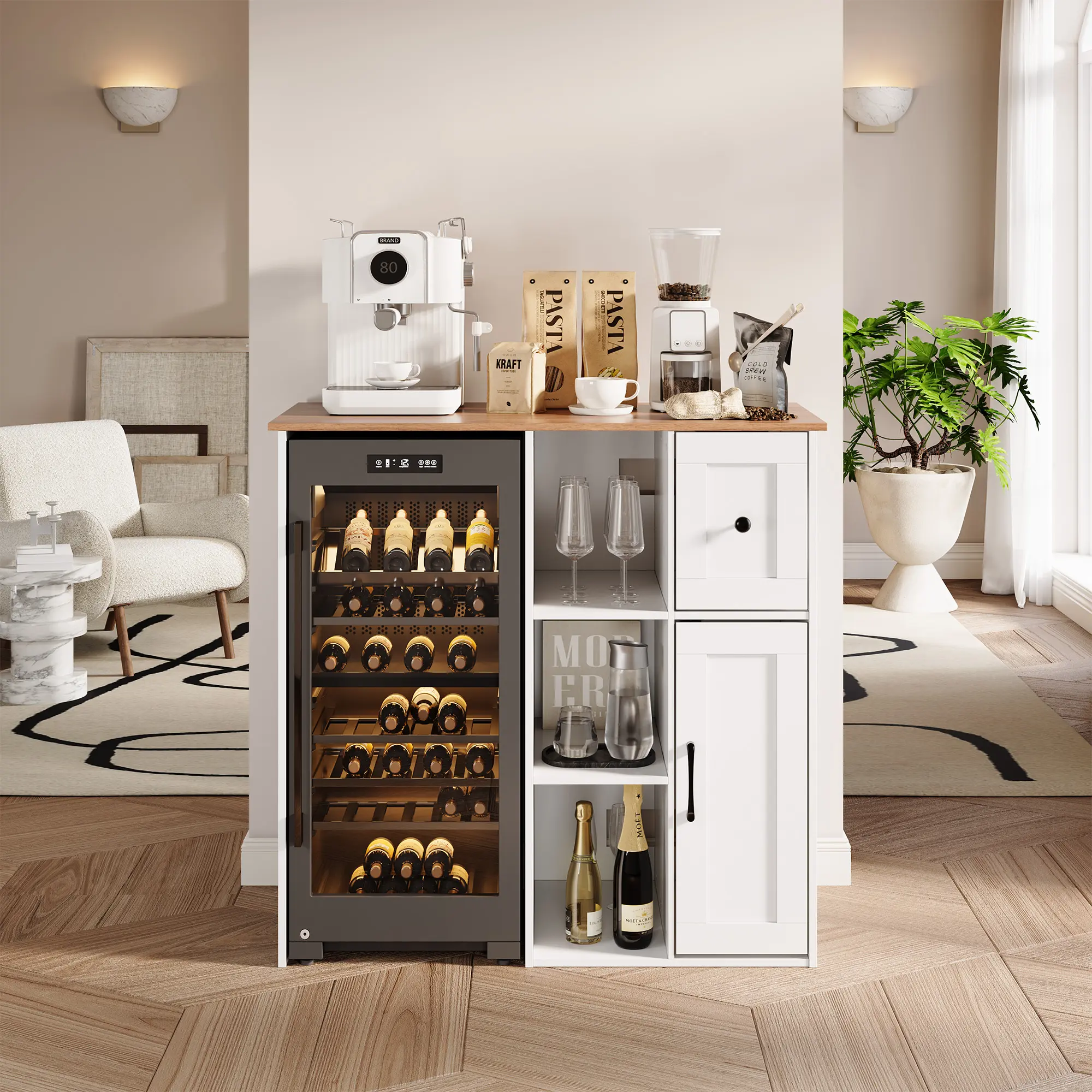 3-Tier Mini Fridge Cabinet with Storage & Power Outlet - Single Unit Home Use Wine Rack, Fits 24" Wine/Beverage Fridge, Coffee Bar Organizer for Kitchen Home Bar