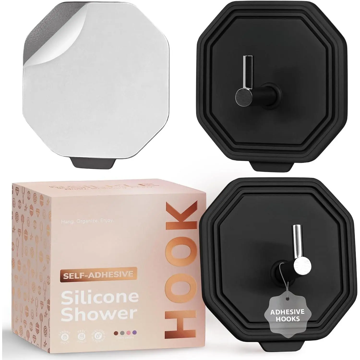 Shower Hooks for Inside Shower, 2-Pack Adhesive Towel Hooks | Adhesive Shower Hooks, No Drill - Razor & Loofah Holders for Shower Wall, Heavy-Duty, , -Free - Black