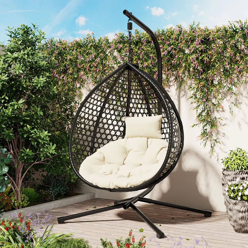 Hanging Egg Chair with Stand, HDPE Rattan Indoor Outdoor Swing Chair with Removable Water-Repellent Cushion, Foldable Frame for Patio, Balcony, Bedroom and Garden