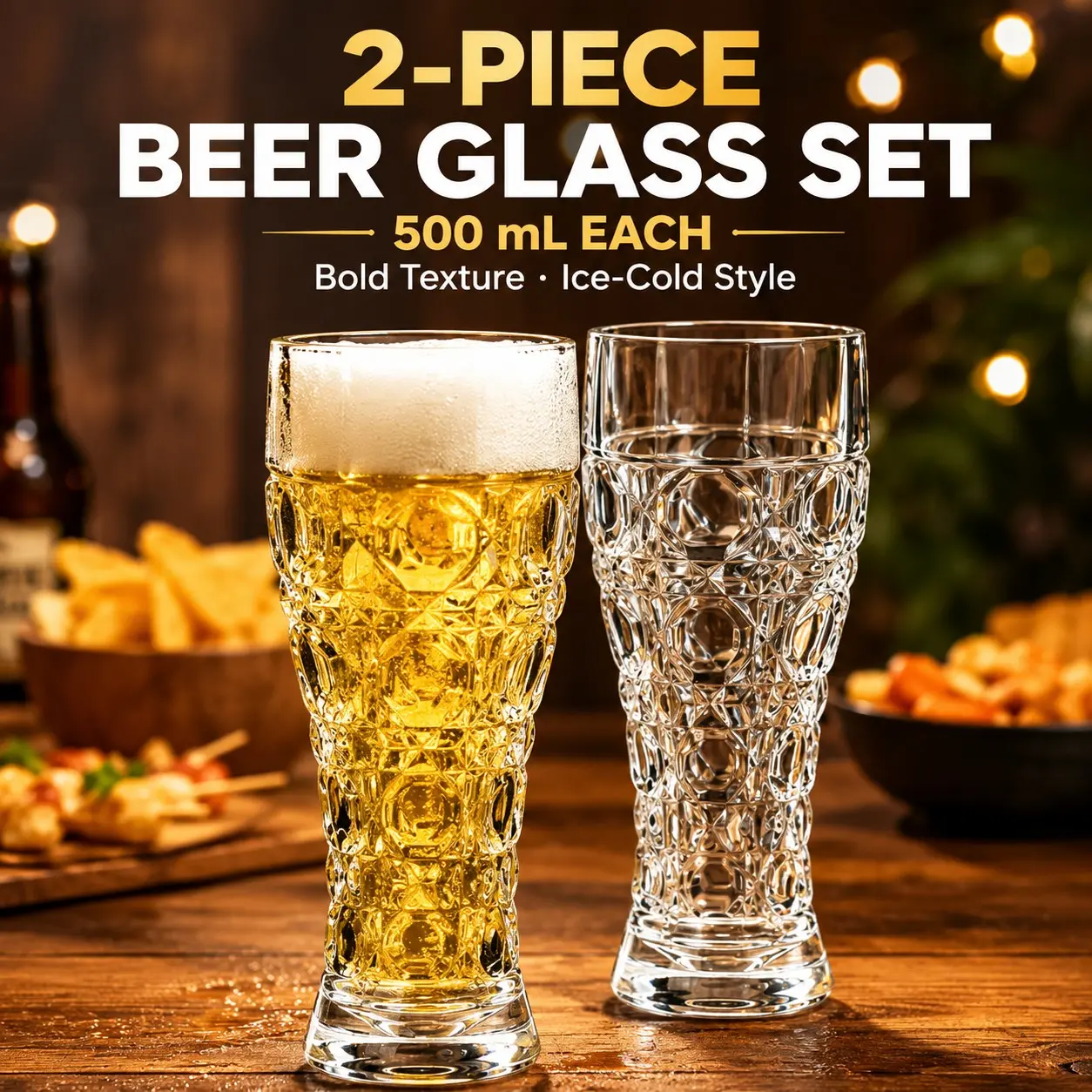 2 Pack 500mL Tall Faceted Beer Glasses, Crystal-Look Textured Drinking Glass Set for Beer, Soda & Iced Drinks, Stylish Barware for Home, BBQ & Parties