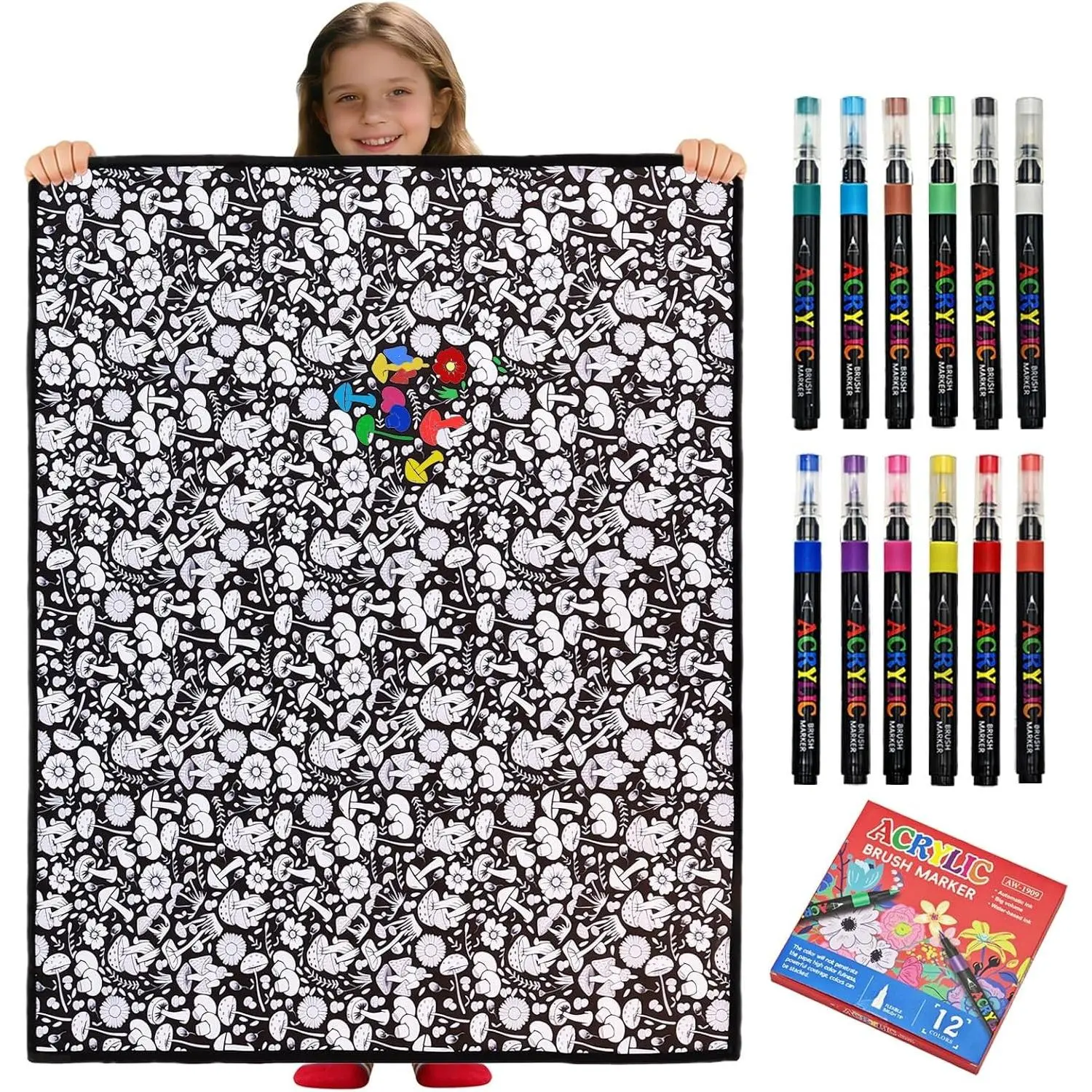 DIY Coloring Blanket with 12 Markers Kit Washable Color Your Own Blanket with Cozy Velvet Back Suitable for All Ages Fun Creative Set for Everyday Use Home Decor (Mushrooms)