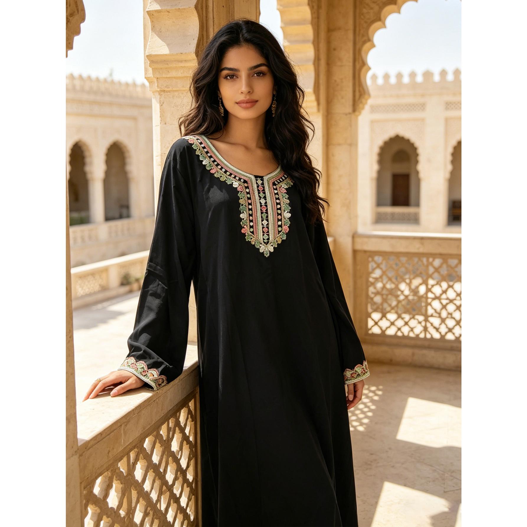 Elegant Black Embroidered Kaftan Maxi Dress Modest Boho Flowy Gown | Size Inclusive S-XL | Perfect for Evening Dinner, Church, Vacation & Daily Chic