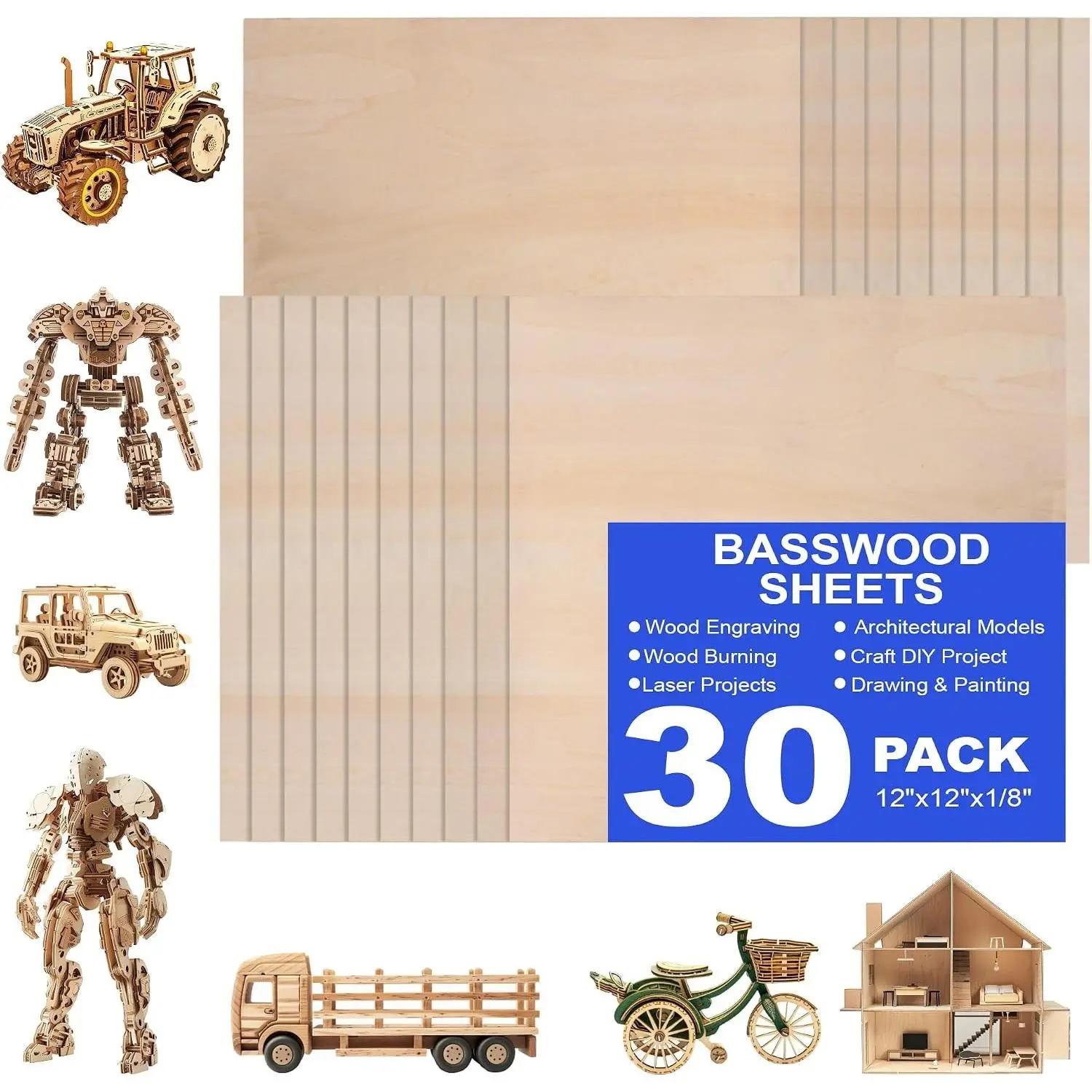 30 Pack 12"x12"x1/8" Basswood Sheets, 3mm Unfinished Craft Plywood for Laser Cutting, DIY Ornaments, Model Engraving, Architectural Models, Drawing, Wood BurningGift