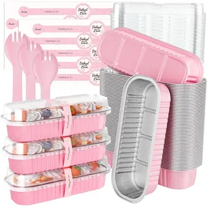 18ACTIVEKIT100 Pack Mini Loaf Pans with Lids and Spoons, 6.8oz Mini Cake Pans for Baking, Disposable Rectangle Aluminum Foil Small Loaf Baking Pans Cake Tins, Individual Small Cake Containers with Sticker, Pink