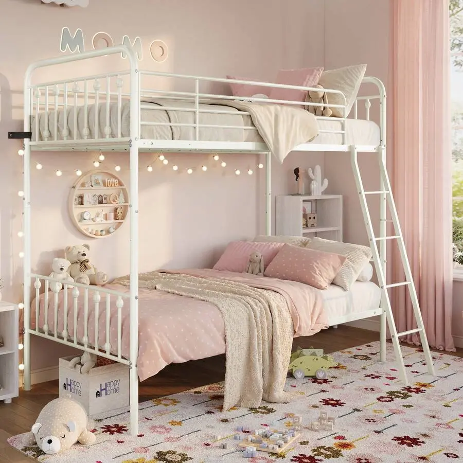 Convertible Twin Over Twin Bunk Bed, CPC Certified,-Art Headboard And Footboard,Space-Saving Metal Bunk Bed With Guardrail & Ladder, No Box Needed, White