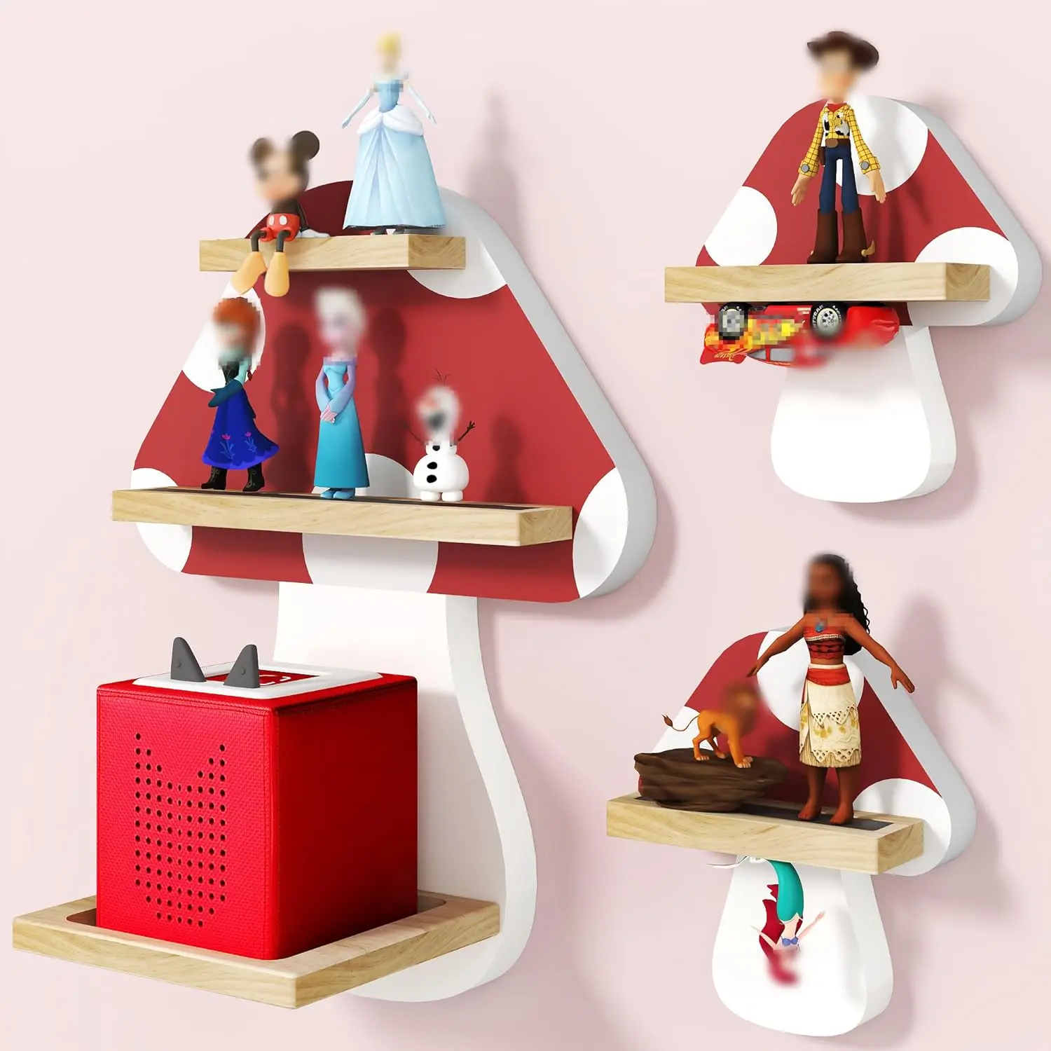 Wooden Mushroom Tonie Shelf Set - 3-Pack Magnetic Wall-Mounted Floating Shelves, Holds 12-20 Tonie Figures, Home Decor Gift with Storage Box, Hangable Floating Shelves