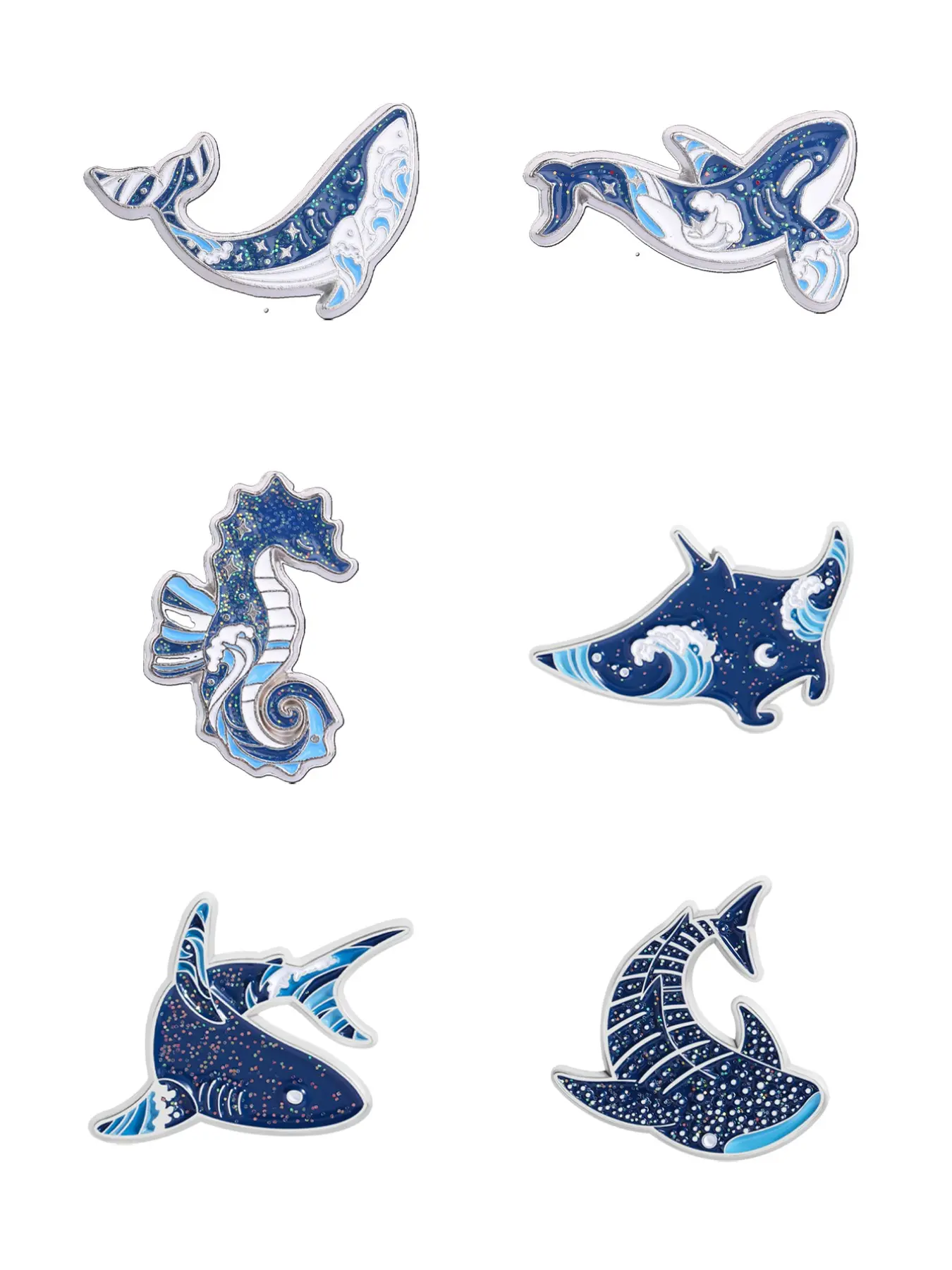 6pcs Glitter Starry Ocean Animal Enamel Pin Set, Whale Shark Seahorse Manta Ray Brooch Pins, Sea Creature Lapel Badge for Collector Gift