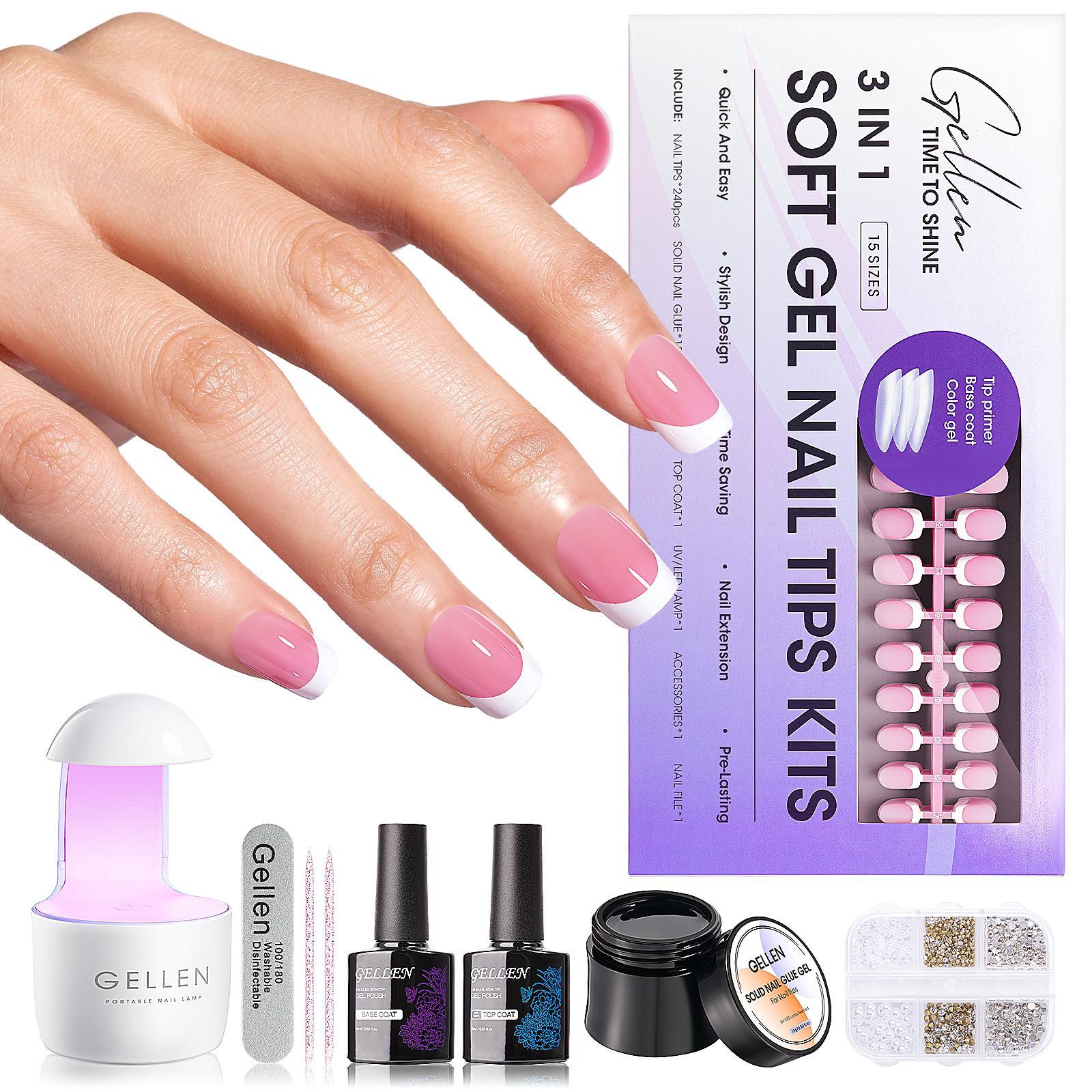 Gellen Complete French Tip Nail Kit – 240pcs, Gel top coat & base coat, UV lamp, Solid Nail Glue Nailartkits Polishset