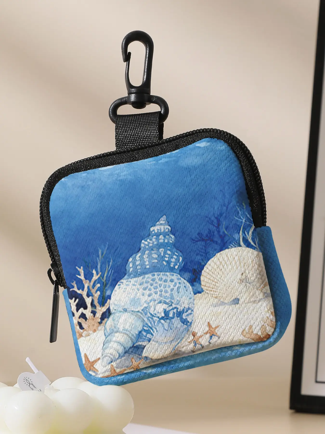 Watercolor Style Underwater Conch Shell Starfish Mini Figure Fairy Tale Scene 2D Print, Patterned Coin Purse Wallet, Secure Buckle and Zipper Pocket, Multi functional Storage Pouch for Coins, Unisex