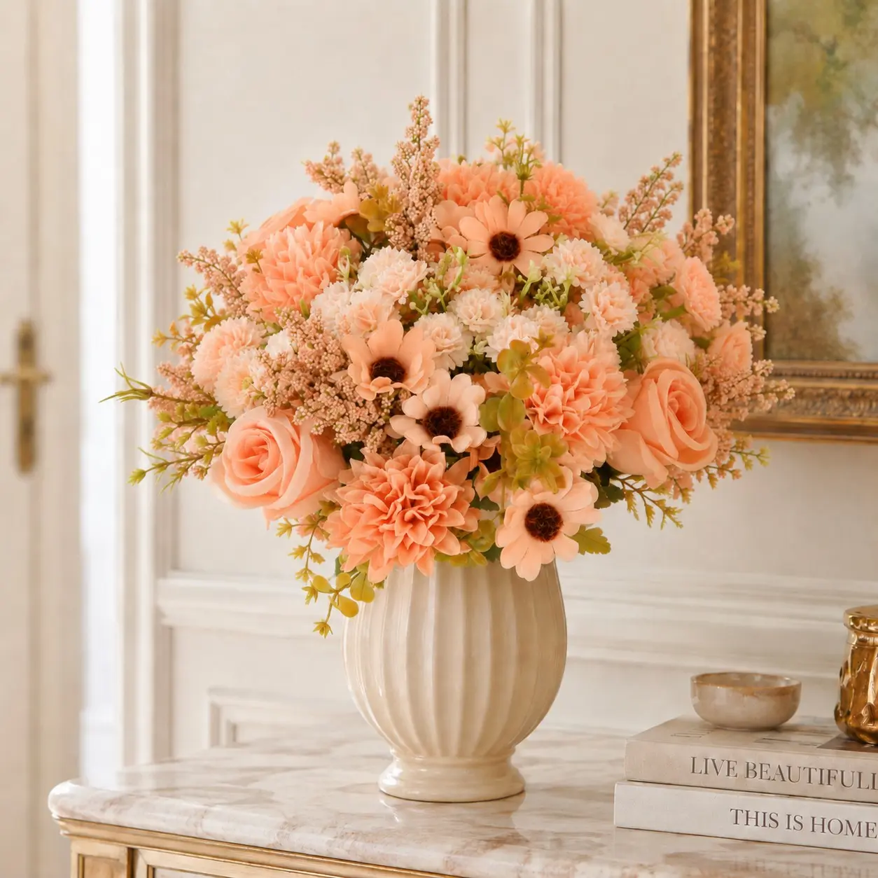 8pcs Peach Artificial Flowers Mix, Artificial Decorative Flowers, Rose, Chrysanthemum, Gerbera, Hydrangea, Carnations with Leaves, Fall Decor, Thanksgiving, Christmas, Artificial Flower Decorations
