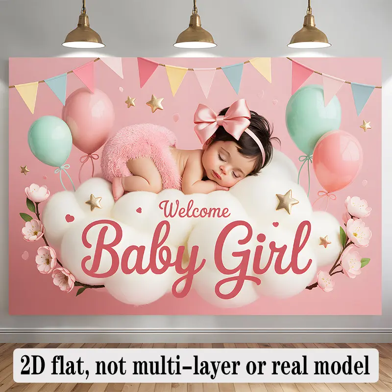Welcome Baby Girl 2D Flat Banner | Pink & Gold Balloon Photo Backdrop | Single-Sided Polyester with Metal Grommets for Easy Hanging | Birthday Banner