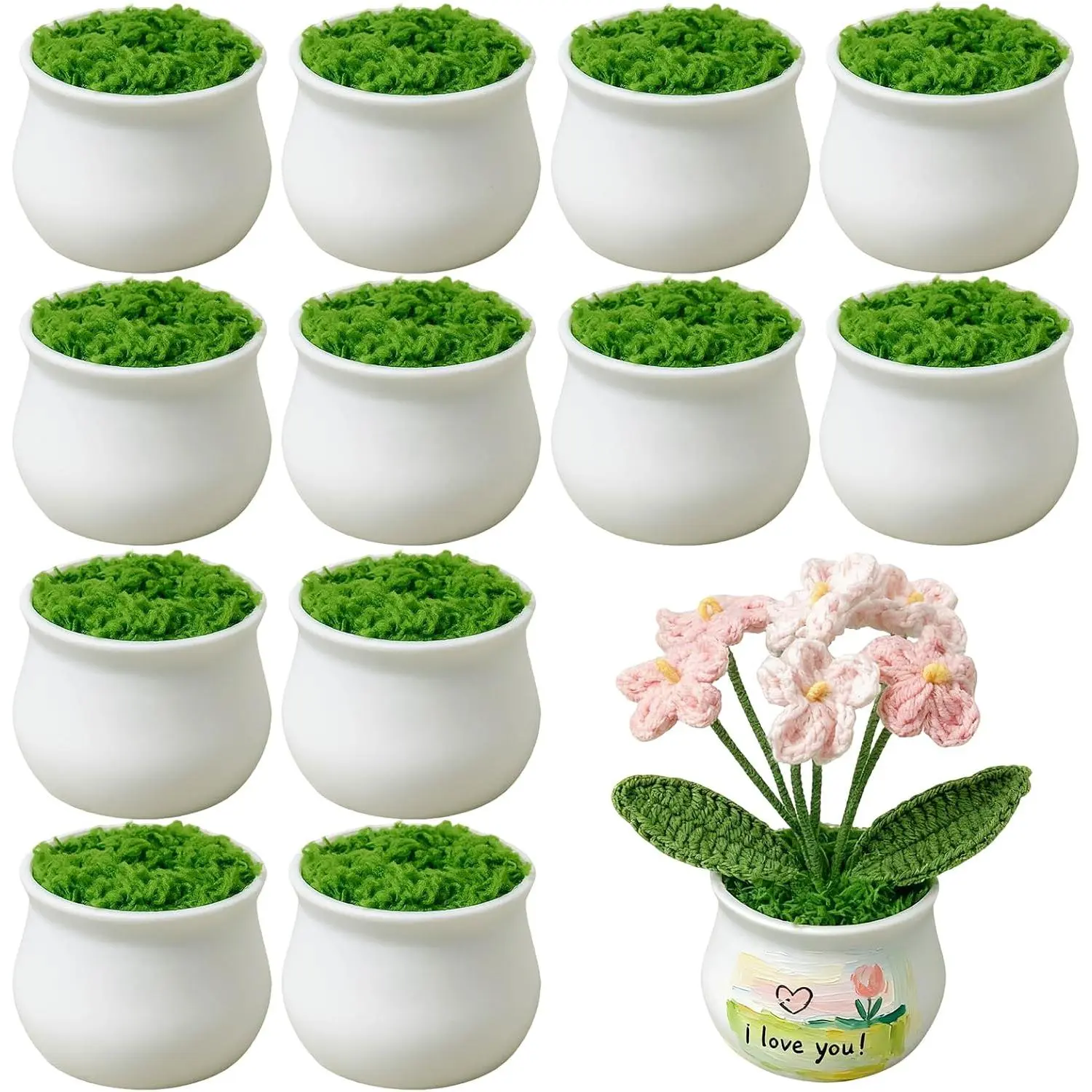 Mini Flower Pots for DIY Crafts, 2inch Crochet Supplies, Set of 12 | Pre-Installed  Base and Grass, DIY Desired Patterns or Words, Small White Planter, DIY Gifts for , Art Supplies