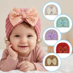 Turban Hat with Gold Polka Dot Big Bow Soft Chunky Crochet Knit Newborn Beanie Caps Stretchy Infant Headwrap for Toddler Girls Autumn Winter Warm Photo Props