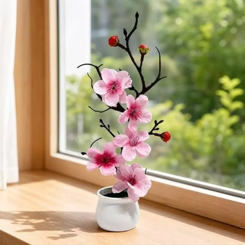 Artificial Plum Blossom Bonsai with Flower Pot, Realistic Lifelike Design, Decorative Artificial Flowers, Artificial Flower Decoration for Home & Office, Artificial Potted Flower